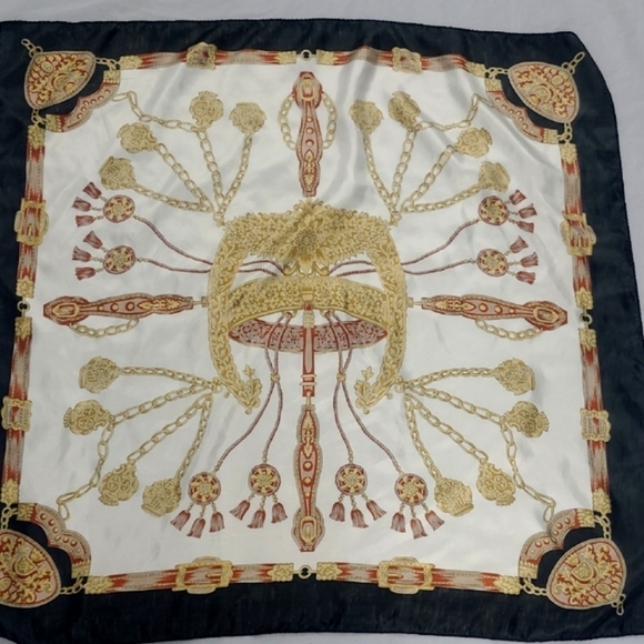 Elegant Gold Black Trim Scarf Featuring Fancy Equestrian Head Dress Square 34" - Picture 7 of 7